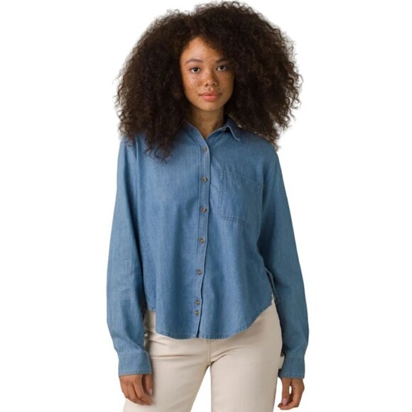 Prana Shirt Womens SZ Small Washed Out Denim Chambray 100% Organic Cotton Simple - Picture 3 of 15